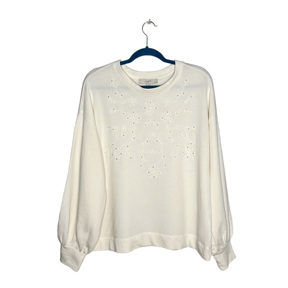 NWT LOFT White Eyelet Pullover Poet Sleeve Knit Blouse - Picture 1 of 12